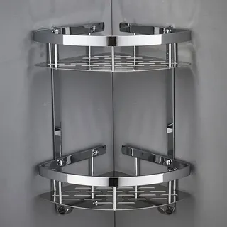 Duscheckregal Wand Bohren Duschablage Ecke Messing Badezimmer Zubehör Eckregal Dusche Duschkörbe 2 Stufig mit Haken Duschhalterung Aufbewahrung Shampoo Duschzubehör Rostfrei, Chrome