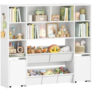 Hzuaneri Kinderregal mit 2 Rollboxen & 4 Ebenen, 30 x 140 x 120 cm, Weiß | Kinderschrank mit 2 Rollboxen & 4 Ebenen, Spielzeug Aufbewahrung, 30 x 140 x 120 cm, für Kinderzimmer Wohnzimmer KB75203W