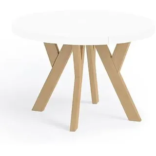 Dekori Möbel Runder Ausziehbarer Tisch für Esszimmer mit Holzbeinen, Pero, Loft-Stil, Skandinavische, Durchmesser Varianten: von 90 bis 220 cm (Weiß/Buche Natur, 100/150 cm)