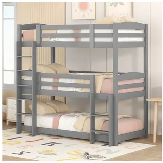 Flieks Etagenbett (mit 2 Leiter und 2 Set Lattenrost), Dreier-Etagenbett Hochbett Kiefernholzbett Kinderbett 90x200cm grau