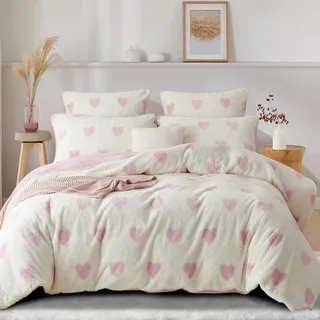 Nyescasa Plüsch Bettwäsche 155x220 Rosa Herzen Warme Winter Flauschig Flanell Wendebettwäsche Langhaar Kunstfell Deckenbezug Fleece Cashmere Touch Bettbezug mit Reißverschluss und Kissenbezug 80x80cm