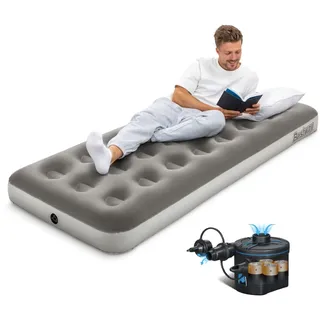 Bestway Premium Camping Single Luftbett mit Akku-Pumpe, Single Flocked Aufblasbares Bett Tragbar, Luftmatratze, Outdoor Camping Luftbett