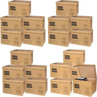 Archivkarton 20er Set A4 Ordnerbox für 5 Ordner Stapelbar Braun Lagerbox | BURI, Wellpappe, Klappdeckel, Tragegriffe, Beschriftungsfeld, Büroorganisation, Dokumentenlagerung, stabil, langlebig