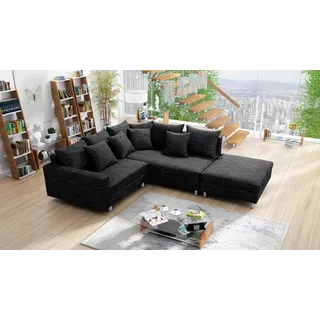 Wohnlandschaft Sofa Couch Ecksofa Eckcouch Gewebestoff schwarz + Hocker Minsk R