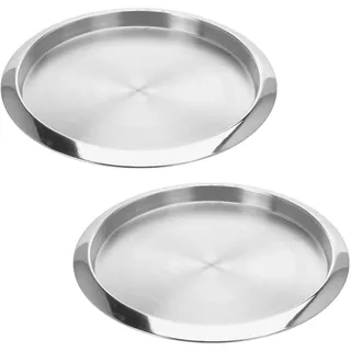 2X Edelstahl Tablett ø 35 cm Silber Serviertablett Rund Frühstückstablett Dekotablett Kellnertablett