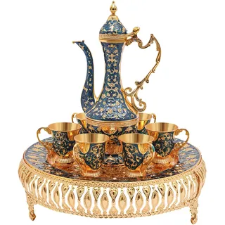 HarBin-Star Kaffeetassen Türkisch, Vintage Kaffeekannen Set mit 6 Tassen, Teetasse Royal Metall Teegläser Set, Teeservice Set für Home Coffee Tea Party (Dark Blue)