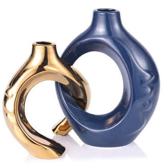 Navy Vasen-Set - Esstisch-Mittelstück, Moderne blau-goldene Keramikvase als Wohndekoration, blau-goldene Vase als Dekoration mit Loch, Pampasgras kann eingefügt Werden, Boho-Vase Büro-Bücherregal