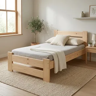 Need Sleep Einzelbett 90x200 cm aus Massivholz Kiefer – Bett mit hohem Kopfteil – stabiles Holzbett inkl. Lattenrost – naturbelassen