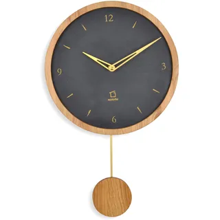Natuhr Moderne Pendeluhr – Swing Modern – Holz Eiche geölt mit Schiefer 24 cm Durchmesser – Funk-Uhrwerk