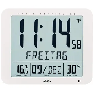 AMS 5886 Wanduhr Tischuhr Funk Digital Weiß mit Datum Thermometer und Wecker