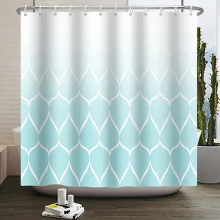 Bovlleetd Türkis Duschvorhang Moderne gedruckte geometrische Linie Weißer Farbverlauf Elegantes Badezimmer Duschvorhang Set mit Haken Teal Badewanne Wasserdicht Dekorativ 183x198cm