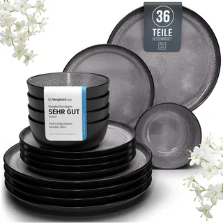 Steingut Geschirrset 12 Personen Ibiza 36 tlg. TESTSIEGER, Traumhaftes Mediterranes Steingut Geschirr Set, Schüssel- und Teller Set, Tafelservice 12 Personen, Geschirrsets Pure Living in Grau