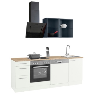 Küchenzeile OPTIFIT "Mini" Komplettküchen-Sets Gr. B/T: 210 cm x 60 cm, weiß (küche: weiß, anthrazit, wildeichefarben, korpus: arbeitsplatte: wildeichefarben) Küchenzeilen mit Elektrogeräte