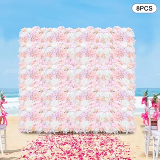 Handgefertigt Blumen Wand Panel, Künstliche Blumen Hintergrund, 8 Stück Blumenwandpaneel, 40cm X 60cm Seidenrose Wand, Fauxblumen Panel Mit Rosen Und Wasserpflanze Für Hochzeit,babyparty,seidenstoff