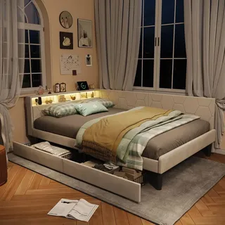 UnboxG Doppelbett 140×200 cm, beige, Samtstoff, mit 2 Schubladen, LED & USB/Type-C Ladeanschluss, Bettkopfteil mit Stauraum, verstellbar / Staubet... - Beige