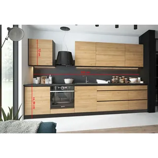 Küchenzeile TREVISO mit Arbeitsplatte 335cm lava Pembroke schwarz matt Teilauszug