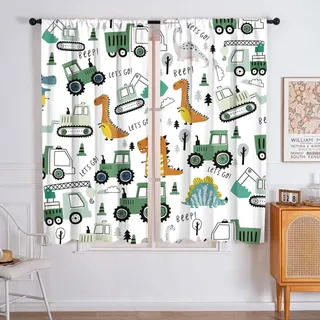 LYJKLST Cartoon Dinosaurier Kälteschutz Vorhang 2er Set H 230 x B 117 cm Niedliche Dino Auto LKW Schlafzimmer Gardinen Blickdicht Bagger Kran Traktor Verdunklungsvorhänge mit Ösen Thermal