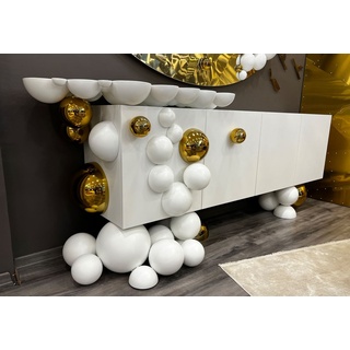 Casa Padrino Luxus Designer Sideboard Weiß / Gold 255 x 52 x H. 100 cm - Massivholz Schrank mit 4 Türen - Luxus Möbel - Hotel Möbel - Designer Möbel