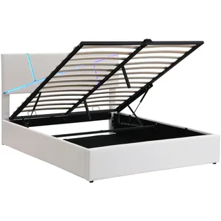 Merax LED Polsterbett 180x200 Doppelbett Funktionsbett aus Kunstleder mit Höhenverstellbares Kopfteil & Lattenrost Weiß