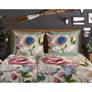 Good Morning Zelma Blumen Baumwolle Beige/Grün 200 x 200 cm + 2 x 80 x 80 cm
