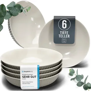 Suppenteller 6er Set Hygge Serie - Premium Steingut, Kratzfest, Für Spülmaschine, Mikrowelle - Stylishes Tiefe Teller Set, Pasta Teller Tief Groß - Gerilltes Geschirr in Hellbraun