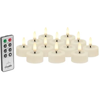Candela Lights LED Teelicht 12er Set creme Ø4,5cm Flammeneffekt & feste Flamme mit Fernbedienung Timer Funktion & mehrstufig dimmbar