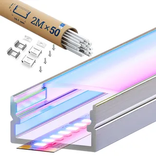 KOSOOM LED Aluminiumprofil U-Form 2m x 50, mit milchiger Abdeckung, für LED Streifen bis 17mm, LED Schiene für Decke & Trockenbau, indirekte Beleuchtung, inkl. Endkappen & Metallclips