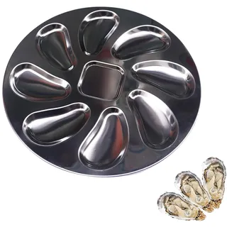 Proshopping Edelstahl-Austernplatte, große Austern-Grillpfanne, rundes Austern-Serviertablett, Austern-Backform, Austernschalen-Form, für Meeresfrüchte, Austern, Soßen, Zitronen, Grillen (25,4 cm)