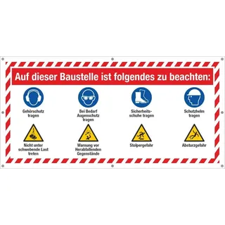 Schild Baustelle Schutzmaßnahmen Sicherheit Warnzeichen 220 x 110 cm | 3 mm Alu-Verbund, wetterfester UV-Direktdruck, robust und langlebig, Made in Germany