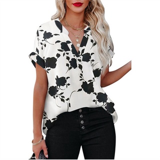 RUZU UG Langarmhemd Blume bedrucktes Kurzarmhemd für Damen mit lockerem V-Ausschnitt (1-tlg) XL