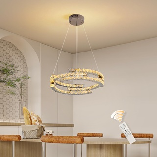 Oninio Kristall Kronleuchter Modern Dimmbar PenMdelleuchte mit Fernbedienung 3 Ringe Kronleuchter Höhenverstellbar Hängelampe für Wohnzimmer Esszimmer Küche Schlafzimmer 40 W (Gold)
