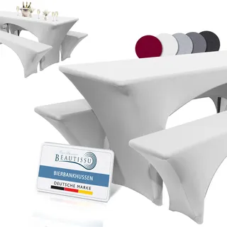 Beautissu Edles Stretchhussen Set 3tlg. für Biertisch + 2 Bierbank | 220x70cm in Weiß elastische festliche Hussen für Bierzeltgarnitur Husse Festzeltgarnitur Überzug Partyzelt Sitzbezug Victoria