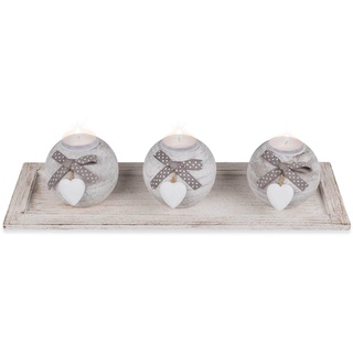 Deko Set ''Romantic Home'' - 3X Kugel-Teelichthalter mit Herz auf weißem Holz-Tablett - 40x14x10cm - Windlicht Geschenk Dekoration