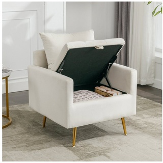 REDOM Sessel Loungesessel, Einzelsessel, Polstersessel, mit Stauraum (Moderner Samtstuhl), Sessel mit Kissen, mit roségoldenen Metallbeinen weiß