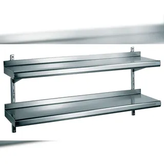 Tournus Edelstahl Wandregal mit 2 Ebenen  mit Regalschiene. L x T x H: 1400 x 390 x 315 mm. Aufkantung hinten Höhe 50mm. Stärke Regalboden: 1,2mm.
