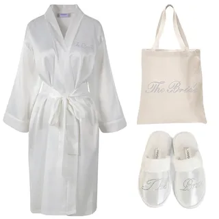 Varsany, Satin-Bademantel + Spa-Schlappen + Beutel, „The Bride “, Geschenk-Set elfenbeinfarben - Einheitsgröße