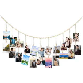 Bewudy Hängende Foto Display, Holzperlen Collage Hängende Bilderrahmen, 167cm Fotowand Mit Klammern DIY Bilderrahmen Wanddekoration Clip Fotohalter für Klassenzimmer Schlafzimmer hängende Kartenhalter