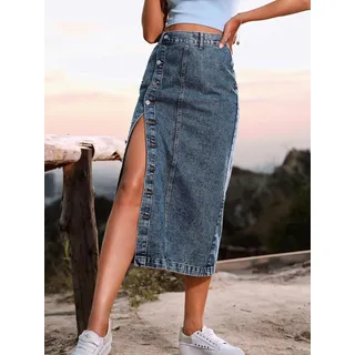CABULE Langer Jeansrock mit Knopf vorne, Vintage-Stil, Langer Sommer-Jeansrock, für Mädchen, hohe Taille, Schlitzjeans, gerades Maxi-Midi-Kleid-2-L