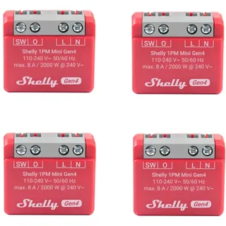 Shelly 1PM Mini Gen4, WLAN-betriebener Smart-Relaisschalter, 1 Kanal, 8A, Leistungsmessung, Hausautomation, Kein Hub Erforderlich, Alexa, Apple HomeKit & Google Home, Zigbee & Matter (4 Stück)