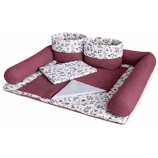 Wickelauflage Set 6-teilig – Wickelunterlage aus Baumwolle & Waffelstoff – Baby Wickelauflage – Geschenk zur Babyparty – Wickeltischauflage – 75x75 cm (Breite x Tiefe), Zweige und Beerenfarbe