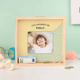 Wanapix | Personalisierte Spardose aus Holz | quadratischen Sparschwein Mit Foto und Text| Pappelholz und Methacrylat | Geschenk für Hochzeit/Taufe/Geburtstag