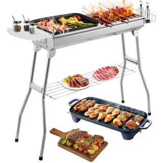 Edelstahl Holzkohlegrill Klappbar, Tragbarer Camping BBQ Grill 100×28×74 cm
