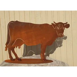 STEINFIGURENWELT GIEBEN Gartenfigur Kuh 42x65cm auf Platte Edelrost Gartendeko Wetterfest Rost Metall Rostfigur Tier Bauernhof Kühe Rind Stier
