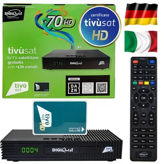Tivusat HD Satelliten-Receiver DigiQuest TI9 inkl. aktivierter Tivùsat HD-Karte neueste Generation Full HD 1080p Vorinstalliert für deutsche & italienische TV SAT Sender 13°E & 19.2°E Sterndiscount