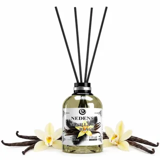 NEDENS Duftstäbchen Mikado 110 ml – Raumduft mit 4 Bambusstäbchen, langanhaltender Duft, dekorative Glasflasche, Intensität regulierbar, ideal für Wohnzimmer, Bad, Flur & Büro (Vanille schwarz)