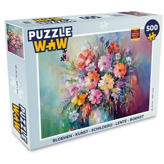 MuchoWow Puzzle Blumen - Kunst - Malerei - Frühling - Blumenstrauß, 500 Puzzleteile, Foto-Puzzle, Bilderrätsel, Puzzlespiele, Spielzeug bunt 34 cm x 48 cm x 2 cm | Querformat