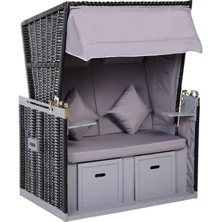 Outsunny Strandkorb Volllieger Doppelte Sonnenliege mit Dach Gartenliege Getränkehalter Chaiselounge PE Rattan Grau 118 x 79 x 50 cm   Aosom