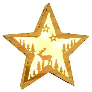 Deko Stern Holzstern 30cm Stern mit Rentier-Motiv Weihnachtsstern Fensterdeko