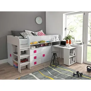 Kinderbett, Hochbett, T1-G, mit Treppe, Schubladen und Schreibtisch. Farbe Weiß/Griffe Rosa