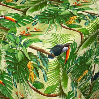 KEVKUS Wachstuch Tischdecke geprägt KE41510 Dschungel Tucan Palmen eckig rund oval (Rand: Schnittkante (ohne Einfassung), 50 x 140 cm eckig)